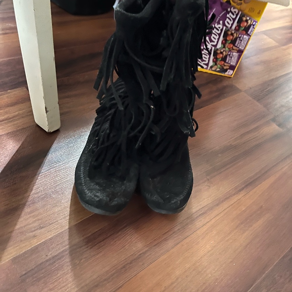 Minnetonka Black Fringe Lace-Up Boots